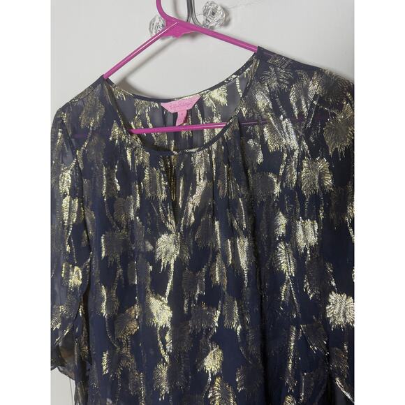 Lilly Pulitzer Beccer Silk Clip Top Navy Blue Gold Blouse Top Women's XS - Picture 4 of 10